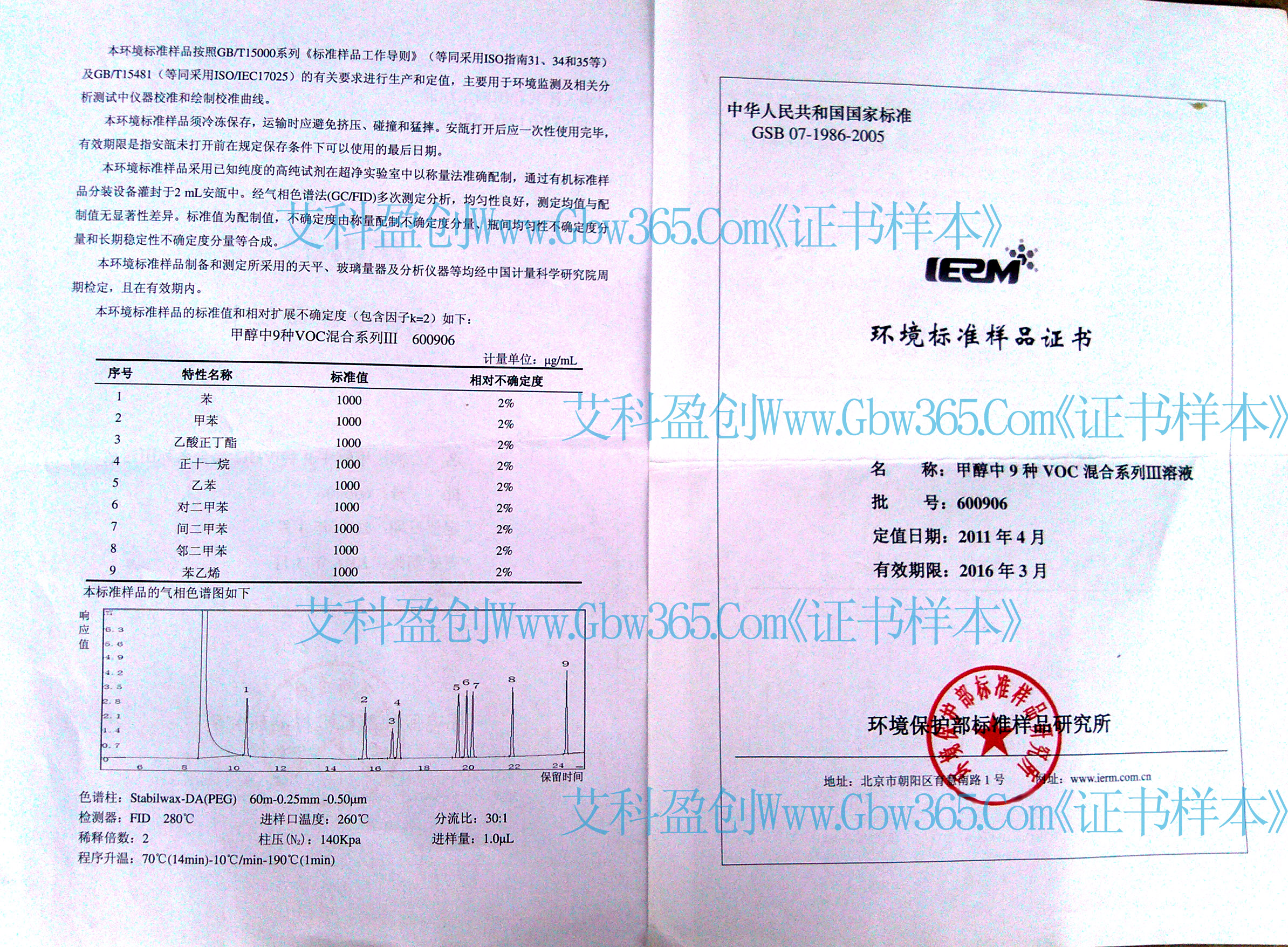 VOC混合标准溶液产品资料-证书